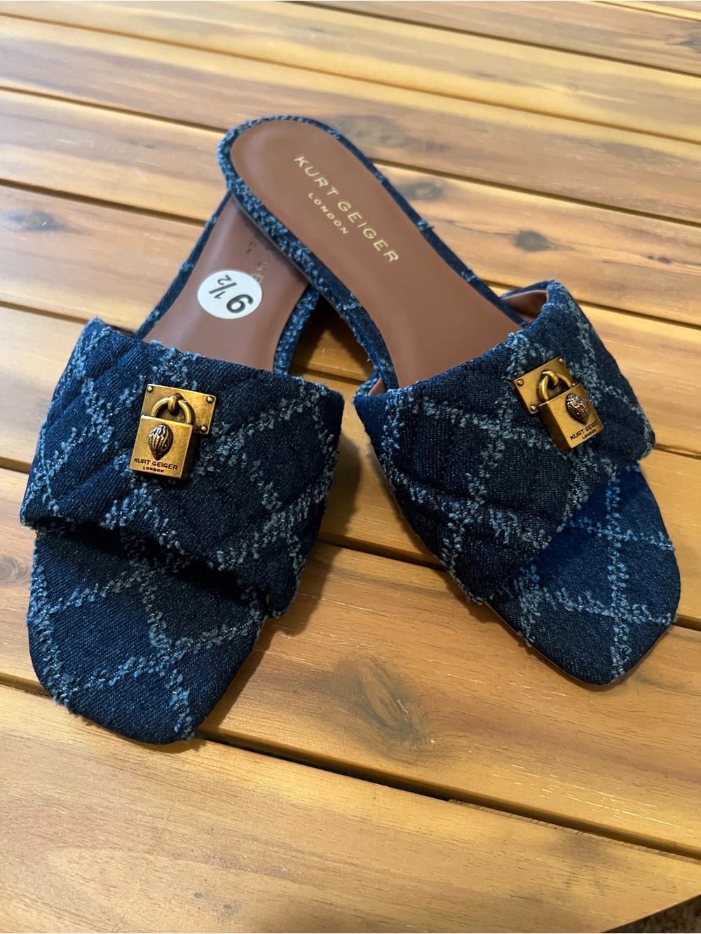 Kurt Geiger Dark Blue BRIXTON Quilted Denim Slide Mules with Gold Lock